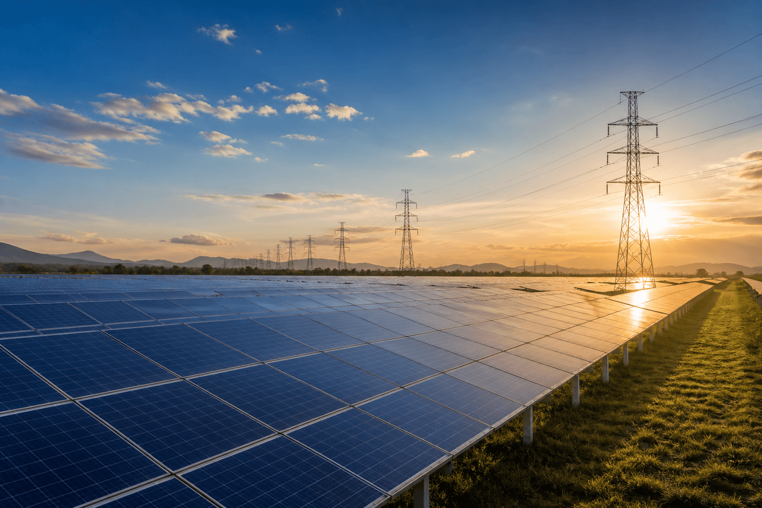 Ground-mounted solar farm connected to high-voltage transmission lines, illustrating open access electricity delivery over India's shared power grid
