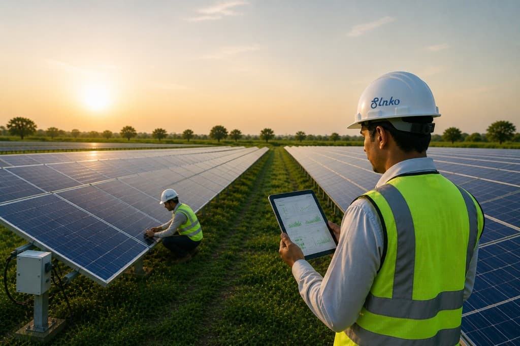 SLNKO technicians monitoring and maintaining a solar plant at dusk