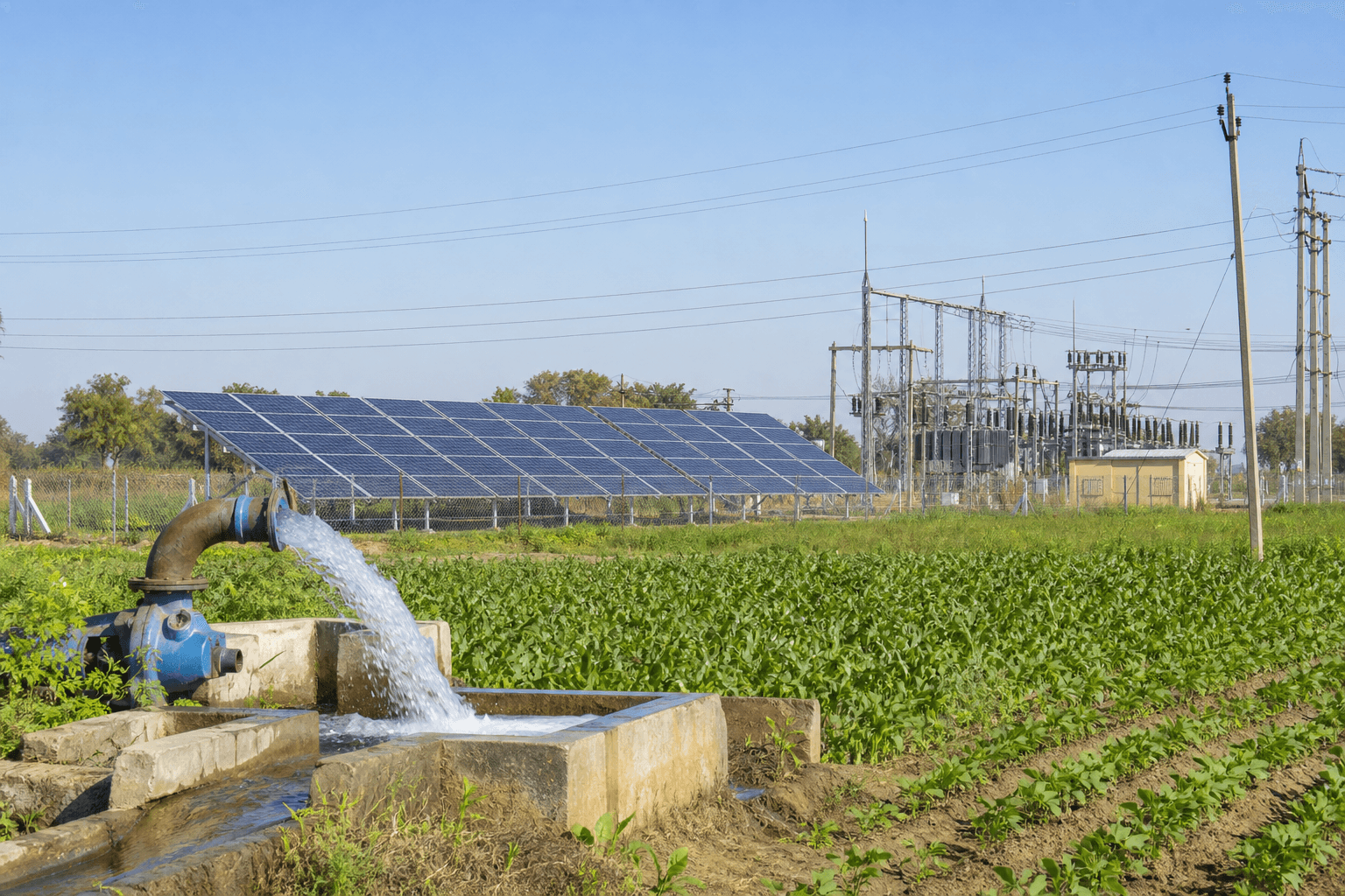Agricultural fields with nearby ground-mounted solar and rural feeder infrastructure, illustrating MSKVY 2.0 versus PM-KUSUM farm-solar schemes