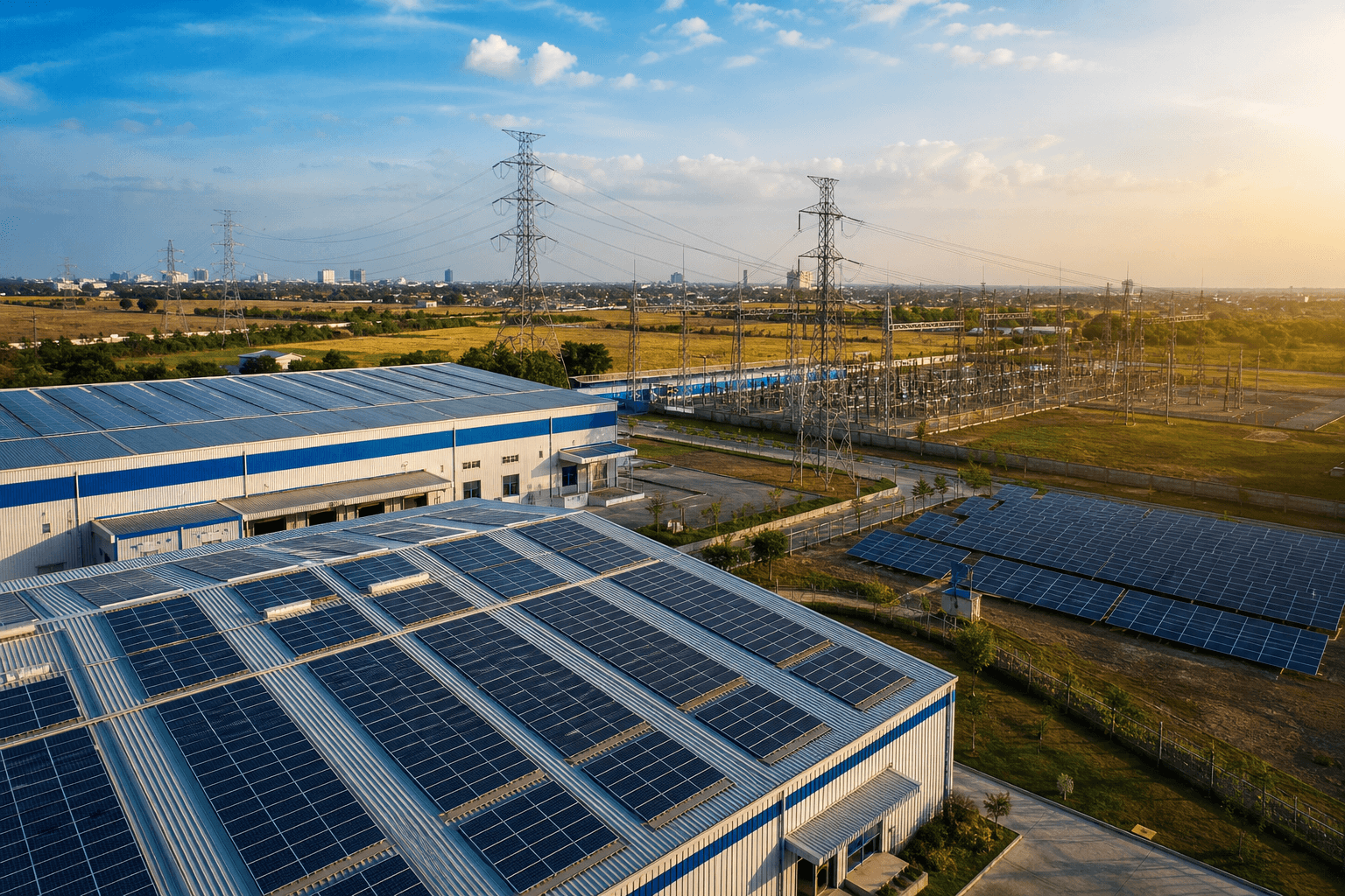 Industrial campus with solar generation connected to the grid, illustrating third-party, captive and group captive open access models in India