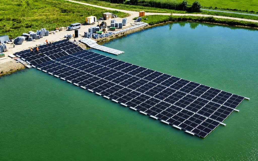 Floating solar photovoltaic panels on a reservoir under the PM Surya Sarovar Yojana in India