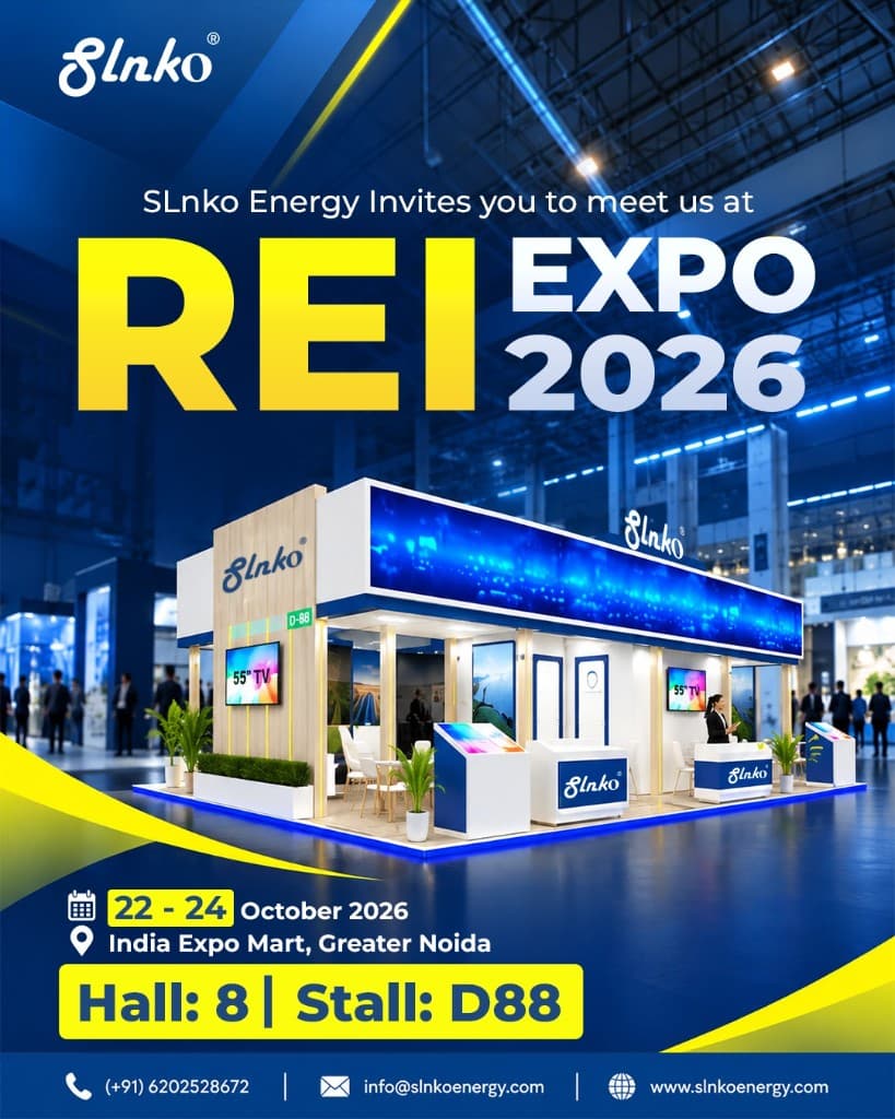 SLNKO Energy invitation poster for REI Expo 2026 with stall render, 22–24 October at India Expo Mart, Greater Noida, Hall 8 Stall D88
